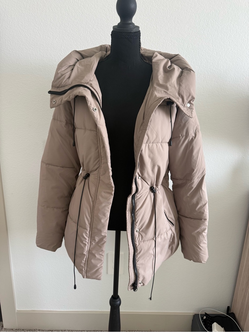 SHEIN Taupe Hooded Puffer Coat with Drawstring Waist